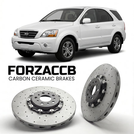 ForzaCCB direct OEM replacement carbon ceramic brake rotors for 2006-2009) Kia Sorento I (facelift 2006 models, shown with a white Kia Sorento car.