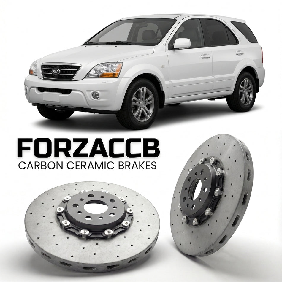 ForzaCCB direct OEM replacement carbon ceramic brake rotors for 2006-2009) Kia Sorento I (facelift 2006 models, shown with a white Kia Sorento car.