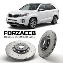 ForzaCCB direct OEM replacement carbon ceramic brake rotors for 2009 to 2012 Kia Sorento II models, shown with a white Kia Sorento car.