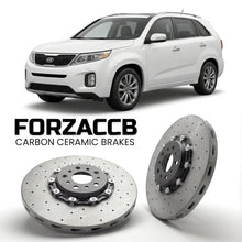ForzaCCB direct OEM replacement carbon ceramic brake rotors for 2012-2014) Kia Sorento II (facelift 2012 models, shown with a white Kia Sorento car.