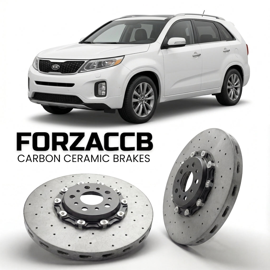 ForzaCCB direct OEM replacement carbon ceramic brake rotors for 2012-2014) Kia Sorento II (facelift 2012 models, shown with a white Kia Sorento car.