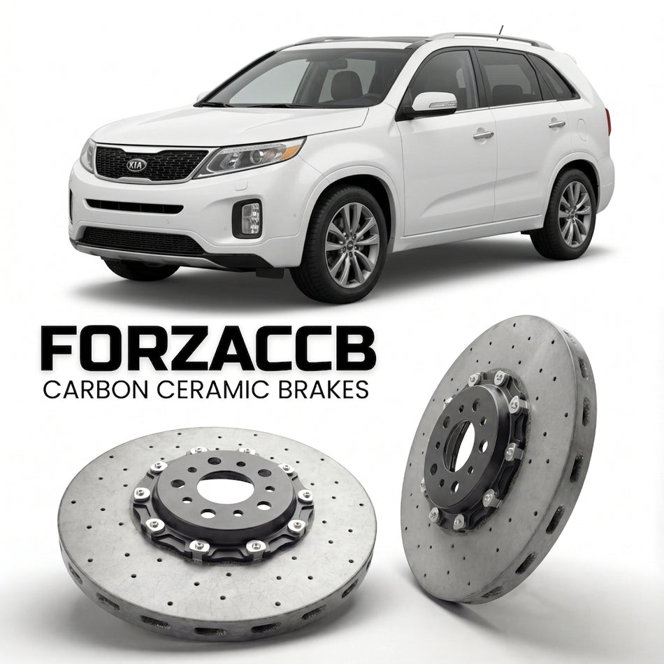 ForzaCCB direct OEM replacement carbon ceramic brake rotors for 2012-2014) Kia Sorento II (facelift 2012 models, shown with a white Kia Sorento car.