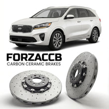 ForzaCCB direct OEM replacement carbon ceramic brake rotors for 2014 to 2018 Kia Sorento III models, shown with a white Kia Sorento car.