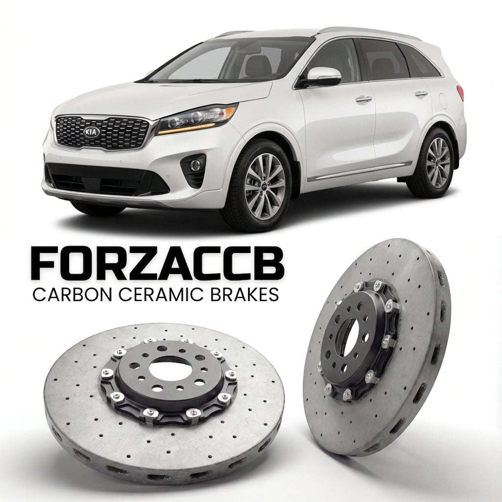 ForzaCCB direct OEM replacement carbon ceramic brake rotors for 2014 to 2018 Kia Sorento III models, shown with a white Kia Sorento car.