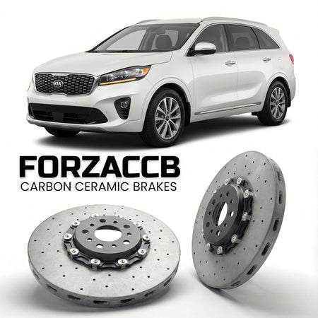 ForzaCCB direct OEM replacement carbon ceramic brake rotors for 2014 to 2018 Kia Sorento III models, shown with a white Kia Sorento car.