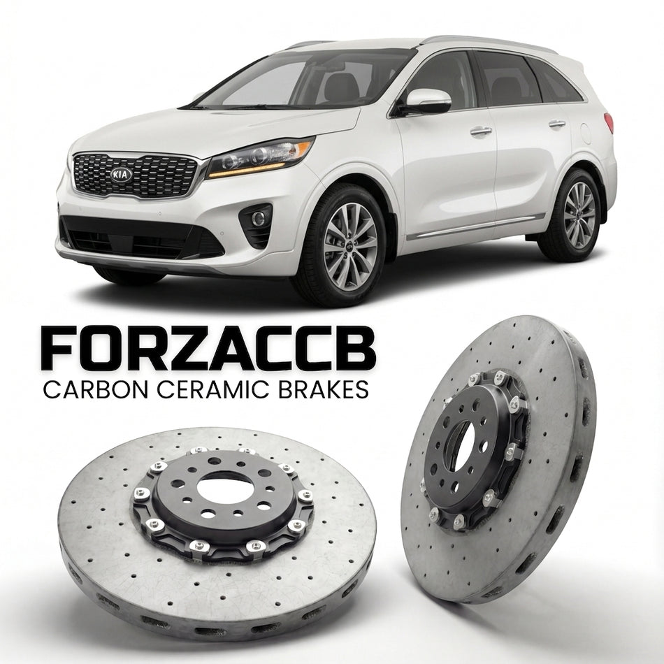 ForzaCCB direct OEM replacement carbon ceramic brake rotors for 2014 to 2018 Kia Sorento III models, shown with a white Kia Sorento car.