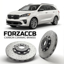 ForzaCCB direct OEM replacement carbon ceramic brake rotors for 2018-2020) Kia Sorento III (facelift 2018 models, shown with a white Kia Sorento car.