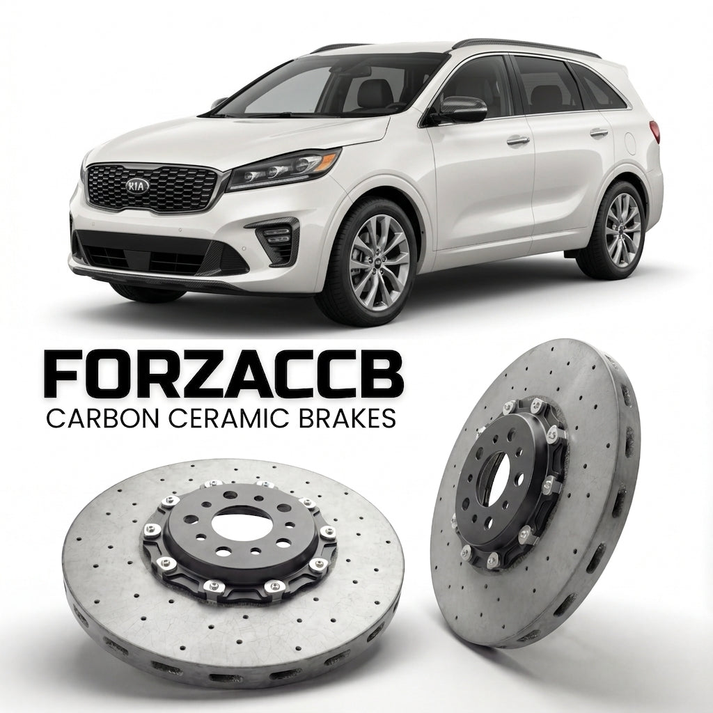 ForzaCCB direct OEM replacement carbon ceramic brake rotors for 2018-2020) Kia Sorento III (facelift 2018 models, shown with a white Kia Sorento car.
