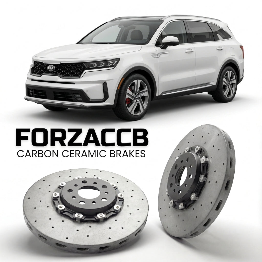 ForzaCCB direct OEM replacement carbon ceramic brake rotors for 2020 to 2024 Kia Sorento IV models, shown with a white Kia Sorento car.