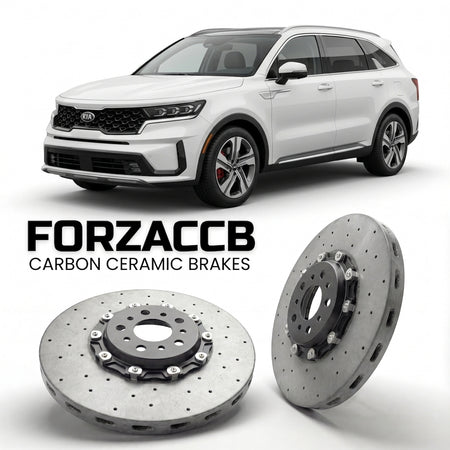 ForzaCCB direct OEM replacement carbon ceramic brake rotors for 2020 to 2024 Kia Sorento IV models, shown with a white Kia Sorento car.