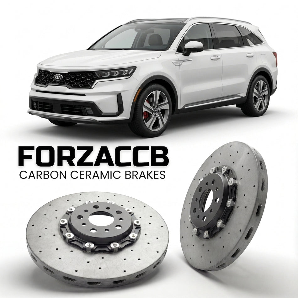 ForzaCCB direct OEM replacement carbon ceramic brake rotors for 2020 to 2024 Kia Sorento IV models, shown with a white Kia Sorento car.