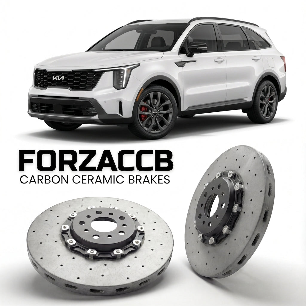 ForzaCCB direct OEM replacement carbon ceramic brake rotors for 2024+) Kia Sorento IV (facelift 2024 models, shown with a white Kia Sorento car.