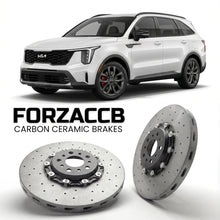 ForzaCCB direct OEM replacement carbon ceramic brake rotors for 2024+) Kia Sorento IV (facelift 2024 models, shown with a white Kia Sorento car.