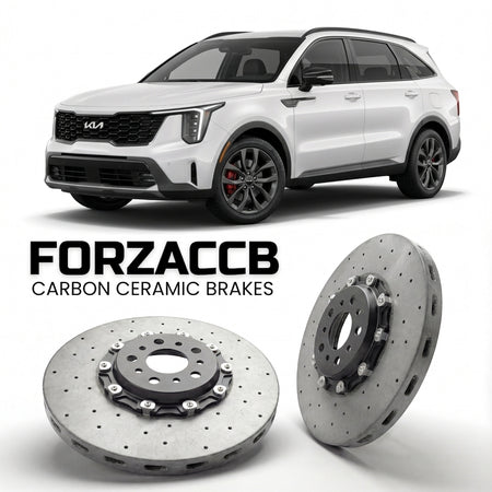 ForzaCCB direct OEM replacement carbon ceramic brake rotors for 2024+) Kia Sorento IV (facelift 2024 models, shown with a white Kia Sorento car.