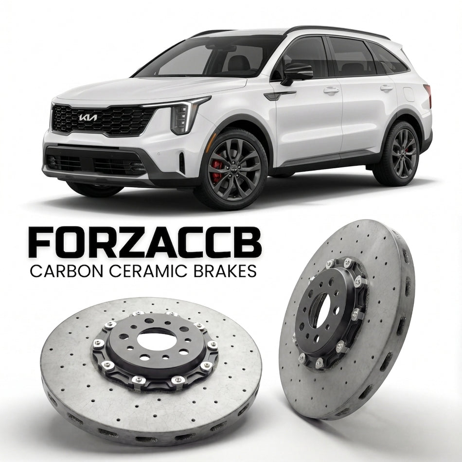 ForzaCCB direct OEM replacement carbon ceramic brake rotors for 2024+) Kia Sorento IV (facelift 2024 models, shown with a white Kia Sorento car.