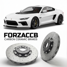 ForzaCCB direct OEM replacement carbon ceramic brake rotors for 2023 to 2026 Spartan Spartan models, shown with a white Spartan Spartan car.