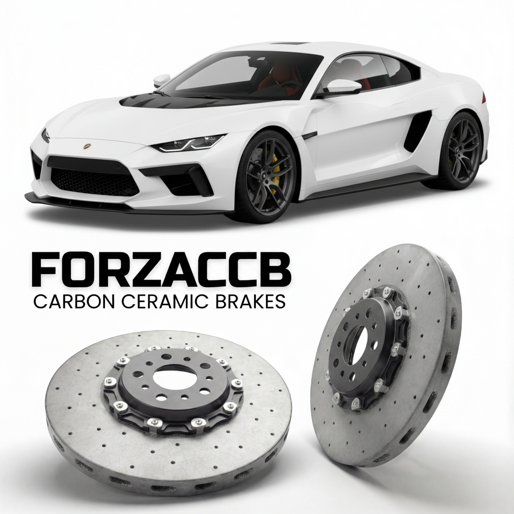 ForzaCCB direct OEM replacement carbon ceramic brake rotors for 2023 to 2026 Spartan Spartan models, shown with a white Spartan Spartan car.
