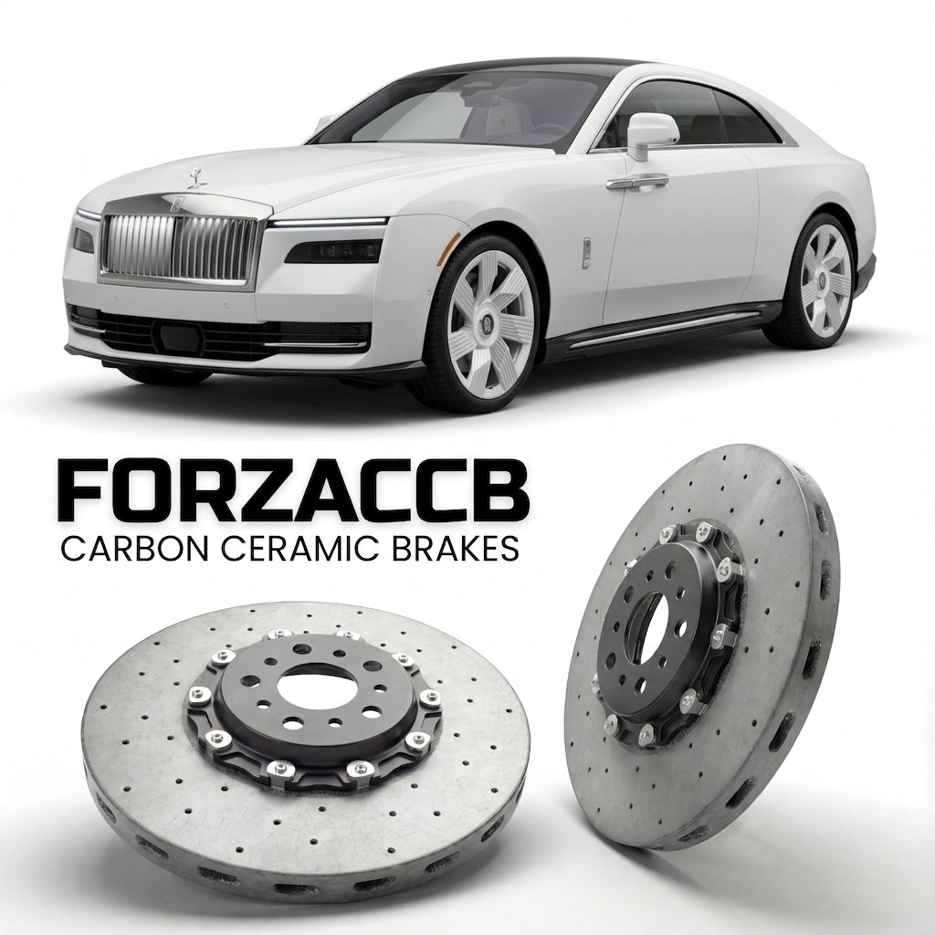 ForzaCCB direct OEM replacement carbon ceramic brake rotors for 2023 and newer Rolls-Royce Spectre models, shown with a white Rolls-Royce Spectre car.