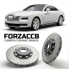 ForzaCCB direct OEM replacement carbon ceramic brake rotors for 2023 and newer Rolls-Royce Spectre models, shown with a white Rolls-Royce Spectre car.