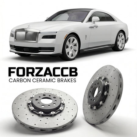 ForzaCCB direct OEM replacement carbon ceramic brake rotors for 2023 and newer Rolls-Royce Spectre models, shown with a white Rolls-Royce Spectre car.