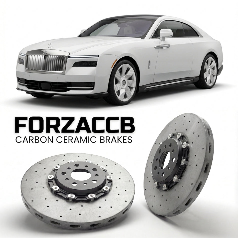 ForzaCCB direct OEM replacement carbon ceramic brake rotors for 2023 and newer Rolls-Royce Spectre models, shown with a white Rolls-Royce Spectre car.