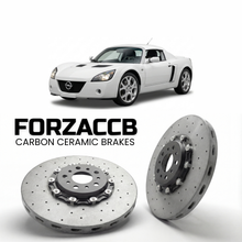 ForzaCCB direct OEM replacement carbon ceramic brake rotors for 2003 to 2004 Opel Speedster Turbo models, shown with a white Opel Speedster Turbo car.