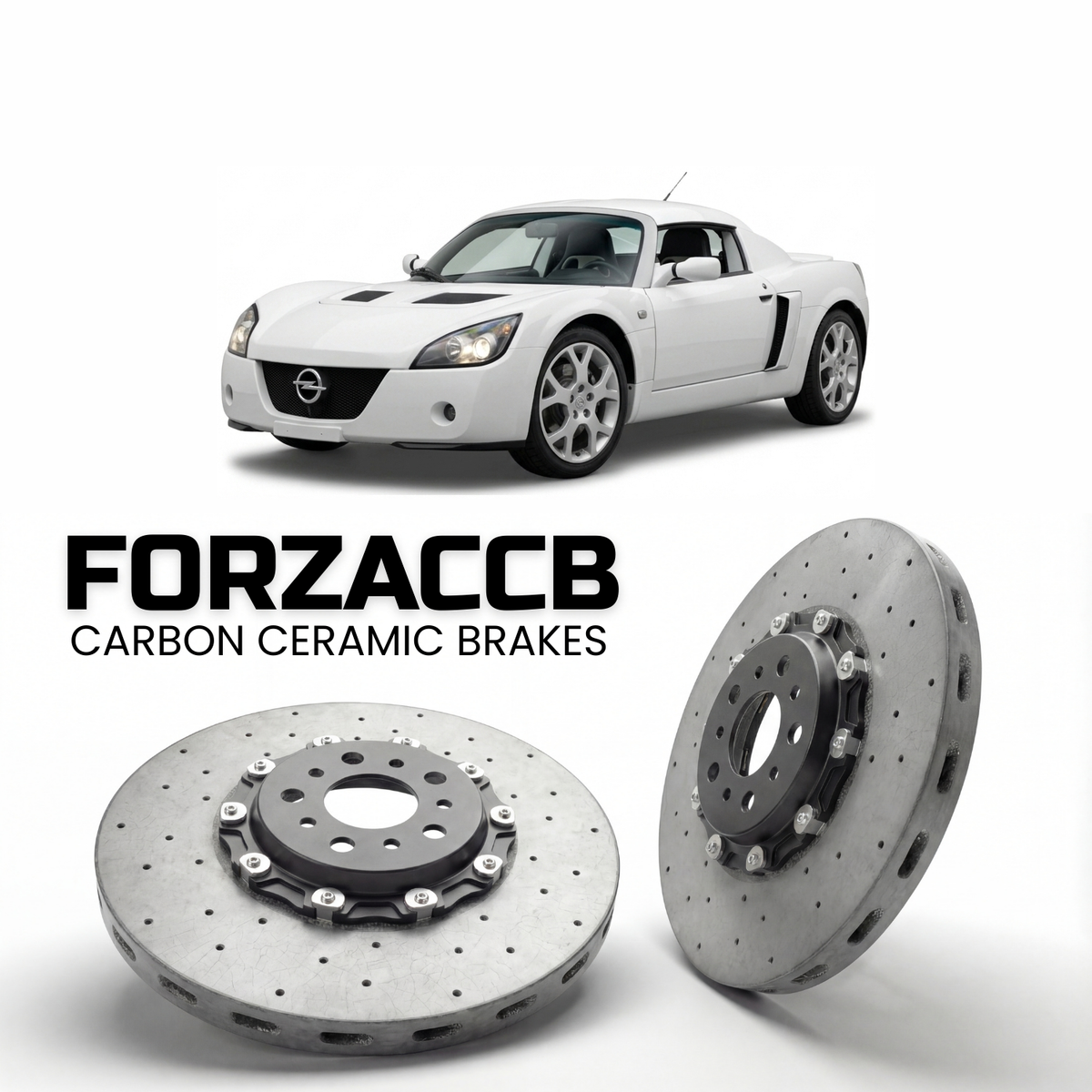 ForzaCCB direct OEM replacement carbon ceramic brake rotors for 2003 to 2004 Opel Speedster Turbo models, shown with a white Opel Speedster Turbo car.