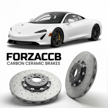 ForzaCCB direct OEM replacement carbon ceramic brake rotors for 2020 McLaren Speedtail P16 models, shown with a white McLaren Speedtail car.