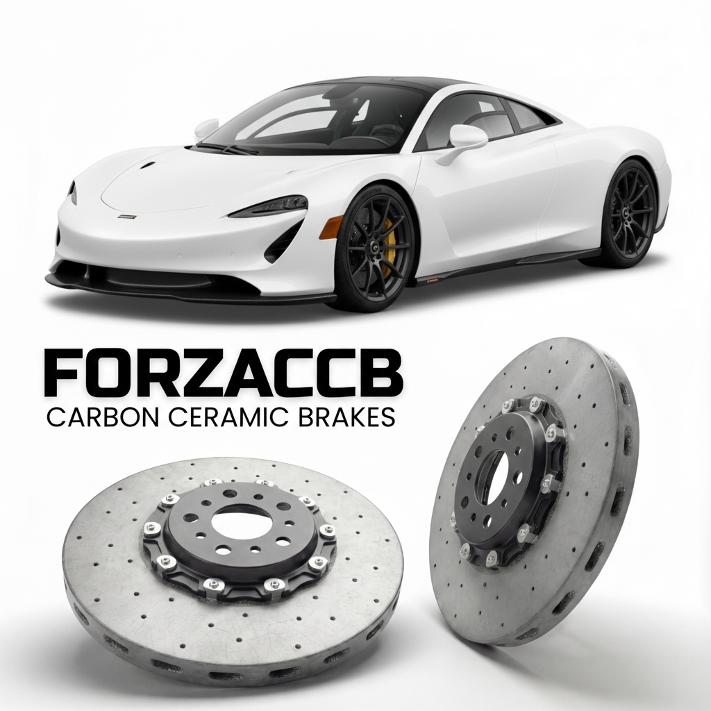 ForzaCCB direct OEM replacement carbon ceramic brake rotors for 2020 McLaren Speedtail P16 models, shown with a white McLaren Speedtail car.