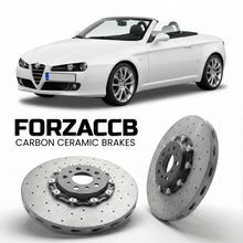 ForzaCCB direct OEM replacement carbon ceramic brake rotors for 2006 to 2010 Alfa Romeo Spider 939 models, shown with a white Alfa Romeo Spider car.