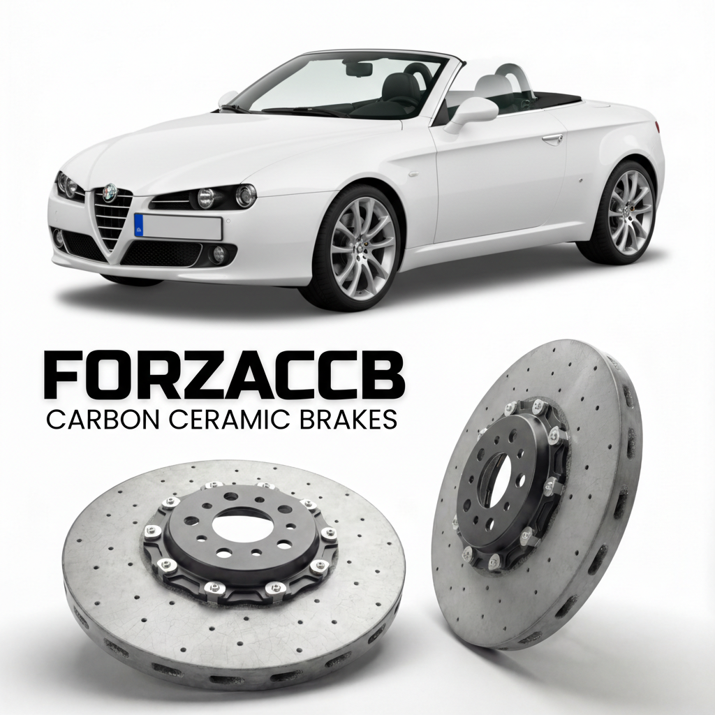 ForzaCCB direct OEM replacement carbon ceramic brake rotors for 2006 to 2010 Alfa Romeo Spider 939 models, shown with a white Alfa Romeo Spider car.