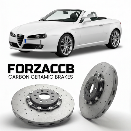 ForzaCCB direct OEM replacement carbon ceramic brake rotors for 2006 to 2010 Alfa Romeo Spider 939 models, shown with a white Alfa Romeo Spider car.