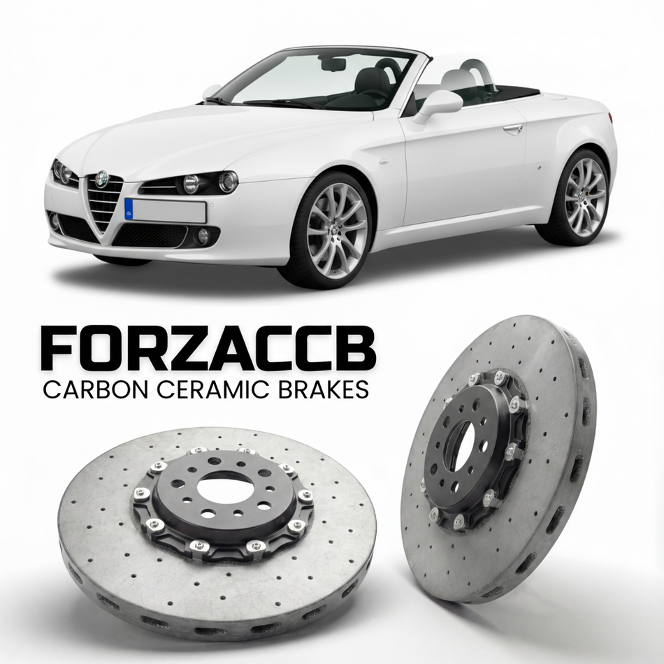 ForzaCCB direct OEM replacement carbon ceramic brake rotors for 2006 to 2010 Alfa Romeo Spider 939 models, shown with a white Alfa Romeo Spider car.