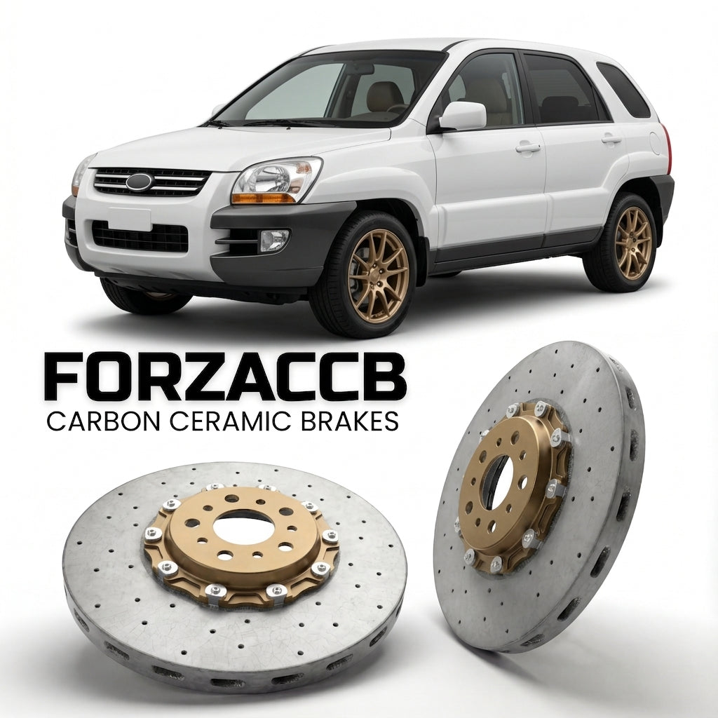 ForzaCCB direct OEM replacement carbon ceramic brake rotors for 2005 to 2006 Kia Sportage models, shown with a white Kia Sportage car.