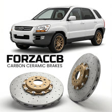 ForzaCCB direct OEM replacement carbon ceramic brake rotors for 2005 to 2006 Kia Sportage models, shown with a white Kia Sportage car.