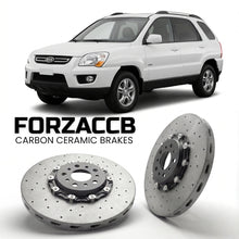 ForzaCCB direct OEM replacement carbon ceramic brake rotors for 2005 to 2006 Kia Sportage K00 models, shown with a white Kia Sportage car.