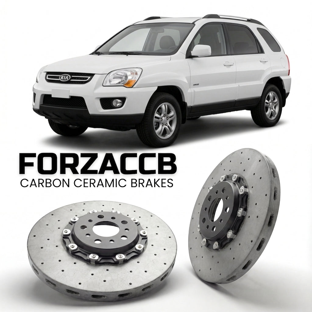 ForzaCCB direct OEM replacement carbon ceramic brake rotors for 2005 to 2006 Kia Sportage K00 models, shown with a white Kia Sportage car.