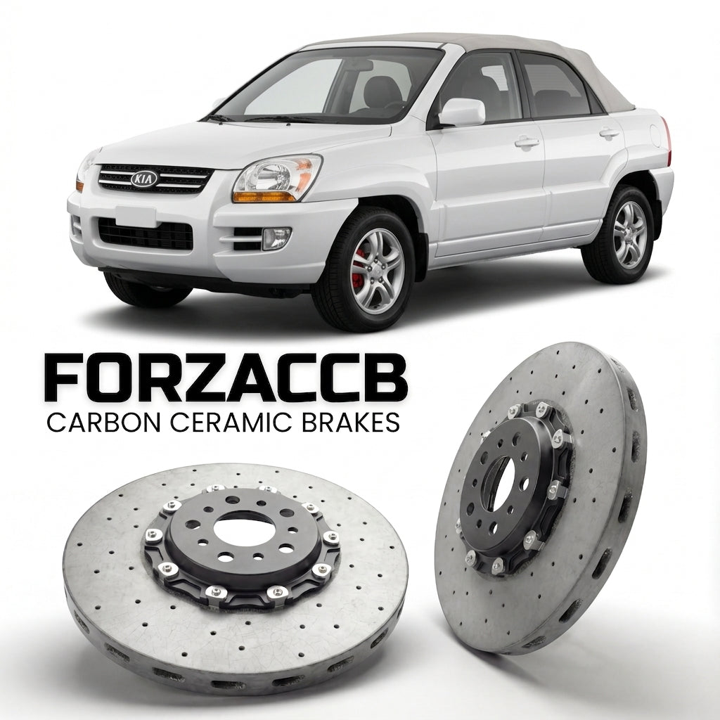 ForzaCCB direct OEM replacement carbon ceramic brake rotors for 2005 to 2006 Kia Sportage Soft Top I models, shown with a white Kia Sportage car.
