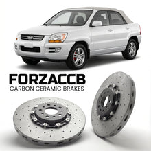 ForzaCCB direct OEM replacement carbon ceramic brake rotors for 2005 to 2006 Kia Sportage Soft Top I models, shown with a white Kia Sportage car.