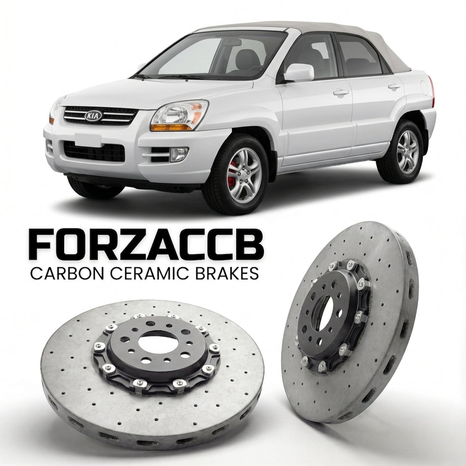 ForzaCCB direct OEM replacement carbon ceramic brake rotors for 2005 to 2006 Kia Sportage Soft Top I models, shown with a white Kia Sportage car.