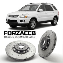 ForzaCCB direct OEM replacement carbon ceramic brake rotors for 2008-2010) Kia Sportage II (facelift, 2008 models, shown with a white Kia Sportage car.