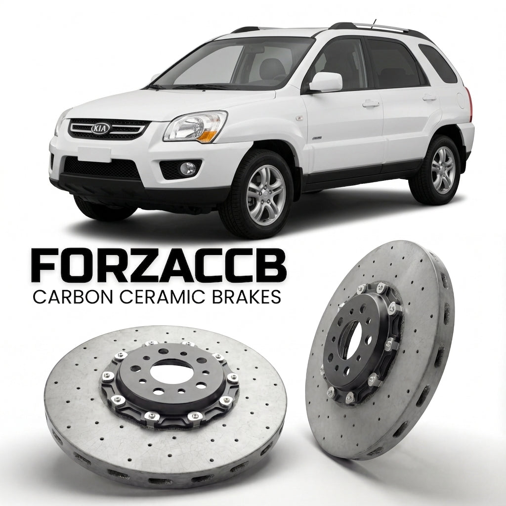 ForzaCCB direct OEM replacement carbon ceramic brake rotors for 2008-2010) Kia Sportage II (facelift, 2008 models, shown with a white Kia Sportage car.