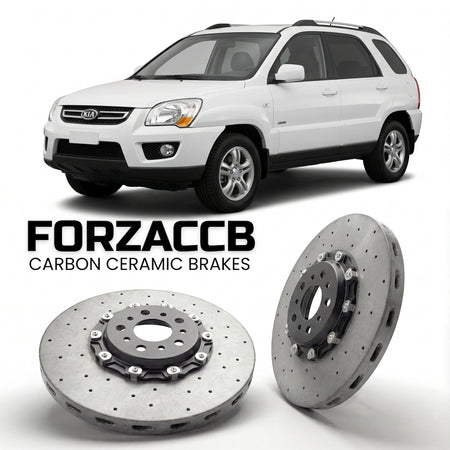 ForzaCCB direct OEM replacement carbon ceramic brake rotors for 2008-2010) Kia Sportage II (facelift, 2008 models, shown with a white Kia Sportage car.