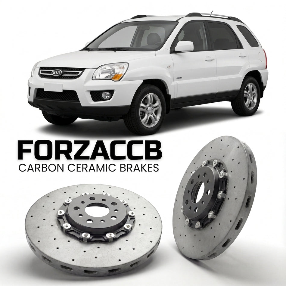 ForzaCCB direct OEM replacement carbon ceramic brake rotors for 2008-2010) Kia Sportage II (facelift, 2008 models, shown with a white Kia Sportage car.