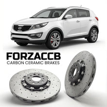 ForzaCCB direct OEM replacement carbon ceramic brake rotors for 2010 to 2014 Kia Sportage III models, shown with a white Kia Sportage car.