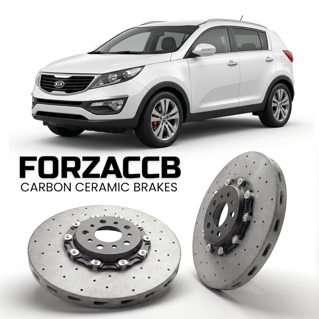ForzaCCB direct OEM replacement carbon ceramic brake rotors for 2010 to 2014 Kia Sportage III models, shown with a white Kia Sportage car.