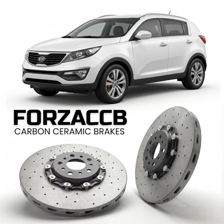 ForzaCCB direct OEM replacement carbon ceramic brake rotors for 2010 to 2014 Kia Sportage III models, shown with a white Kia Sportage car.