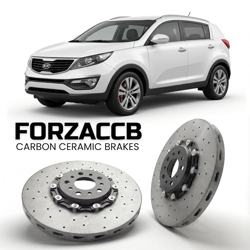 ForzaCCB direct OEM replacement carbon ceramic brake rotors for 2010 to 2014 Kia Sportage III models, shown with a white Kia Sportage car.