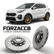 ForzaCCB direct OEM replacement carbon ceramic brake rotors for 2016 to 2018 Kia Sportage IV models, shown with a white Kia Sportage car.