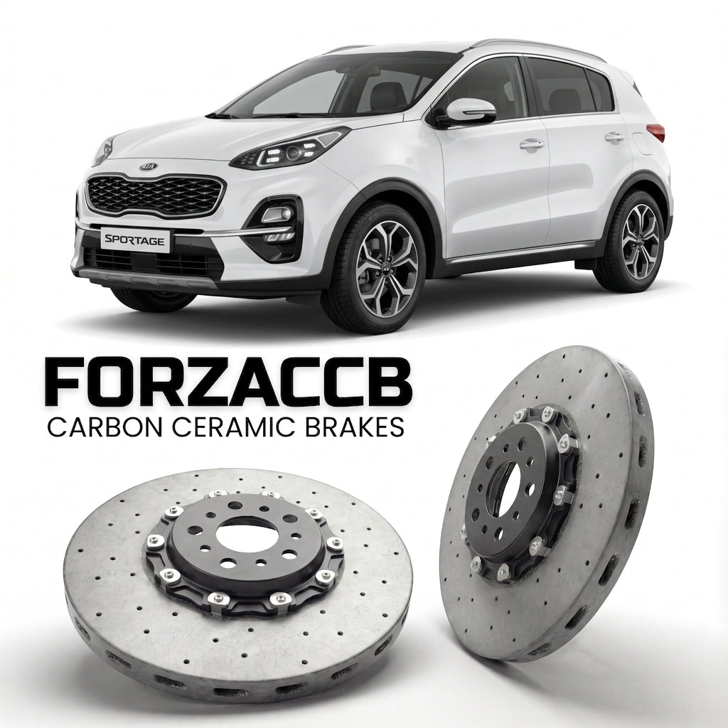 ForzaCCB direct OEM replacement carbon ceramic brake rotors for 2018-2021) Kia Sportage IV (facelift 2018 models, shown with a white Kia Sportage car.